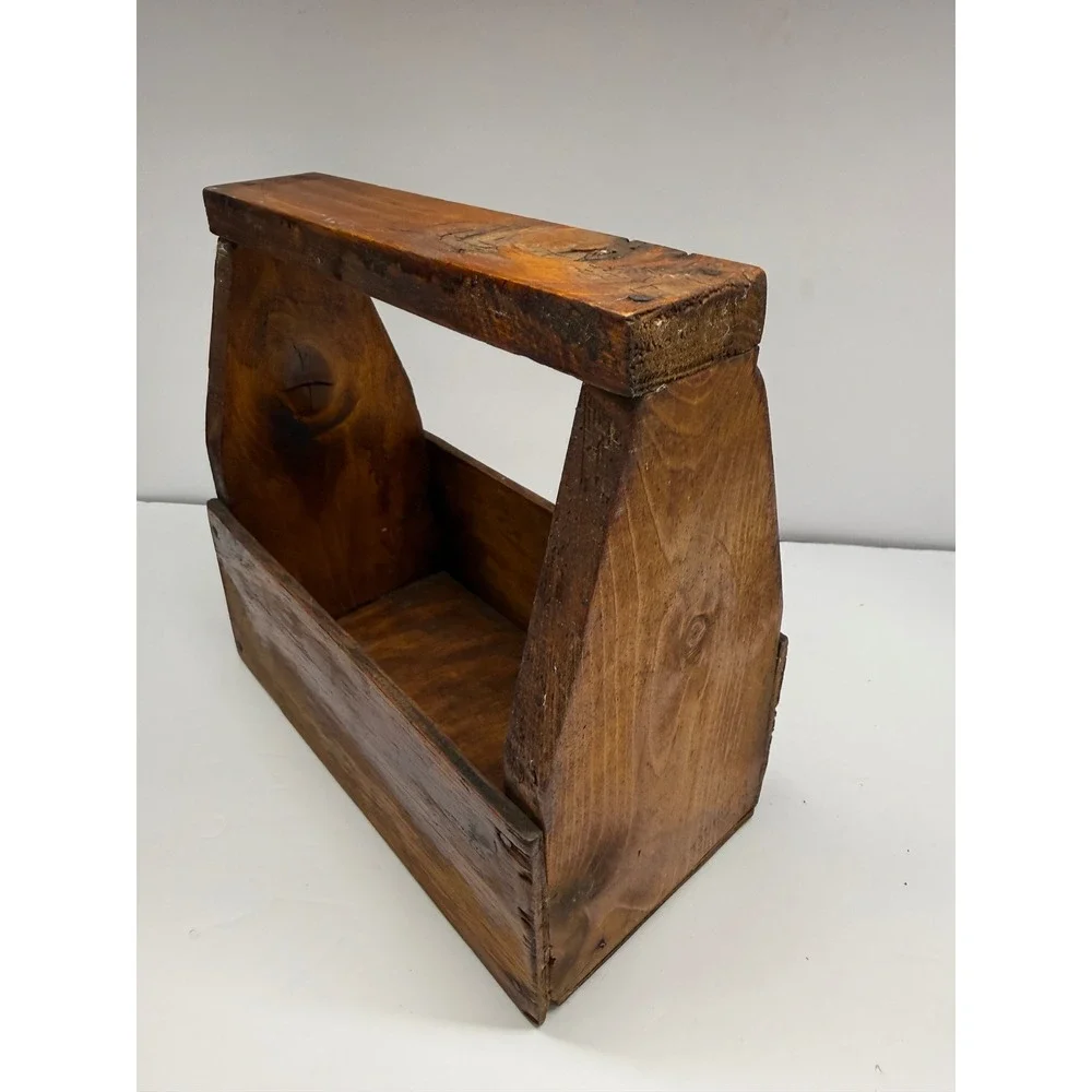 Vintage Handmade Wooden Tool Box Caddy Rustic Primitive Storage Carrier Brown
